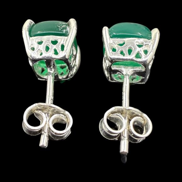 Natural Green Onyx Cabochon Stud Earrings 925 Sterling Silver Handmade - Picture 5 of 5